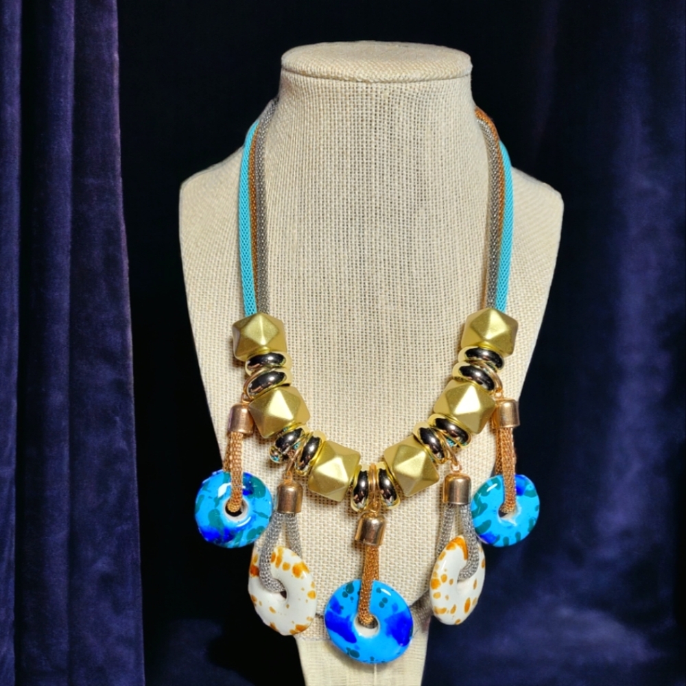 Vintage 3 Strand Silver Gold Blue Toned Bold Coil Statement Necklace